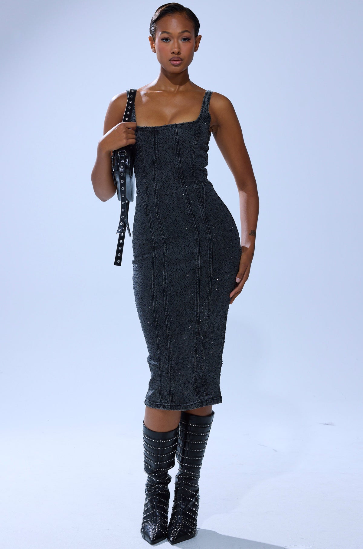 GRUNGY ATTITUDE DENIM MIDI DRESS WITH RHINESTONES