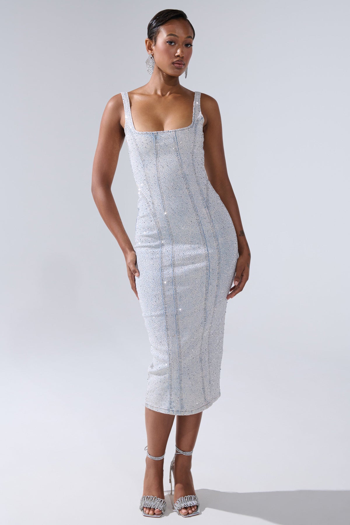 AFTER HOURS DENIM RHINESTONE MIDI DRESS