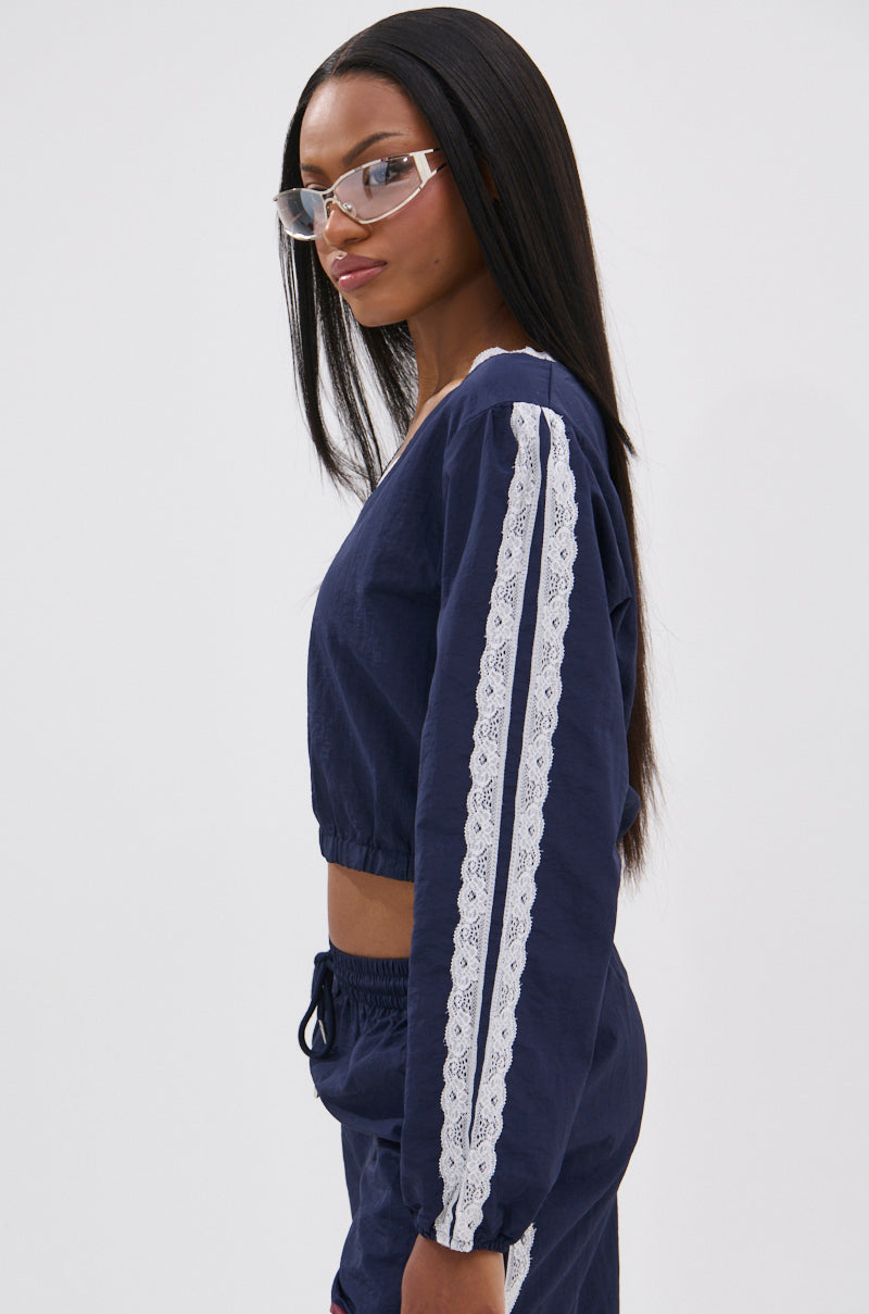 LACE TRIM NYLON CROPPED SWEATSHIRT