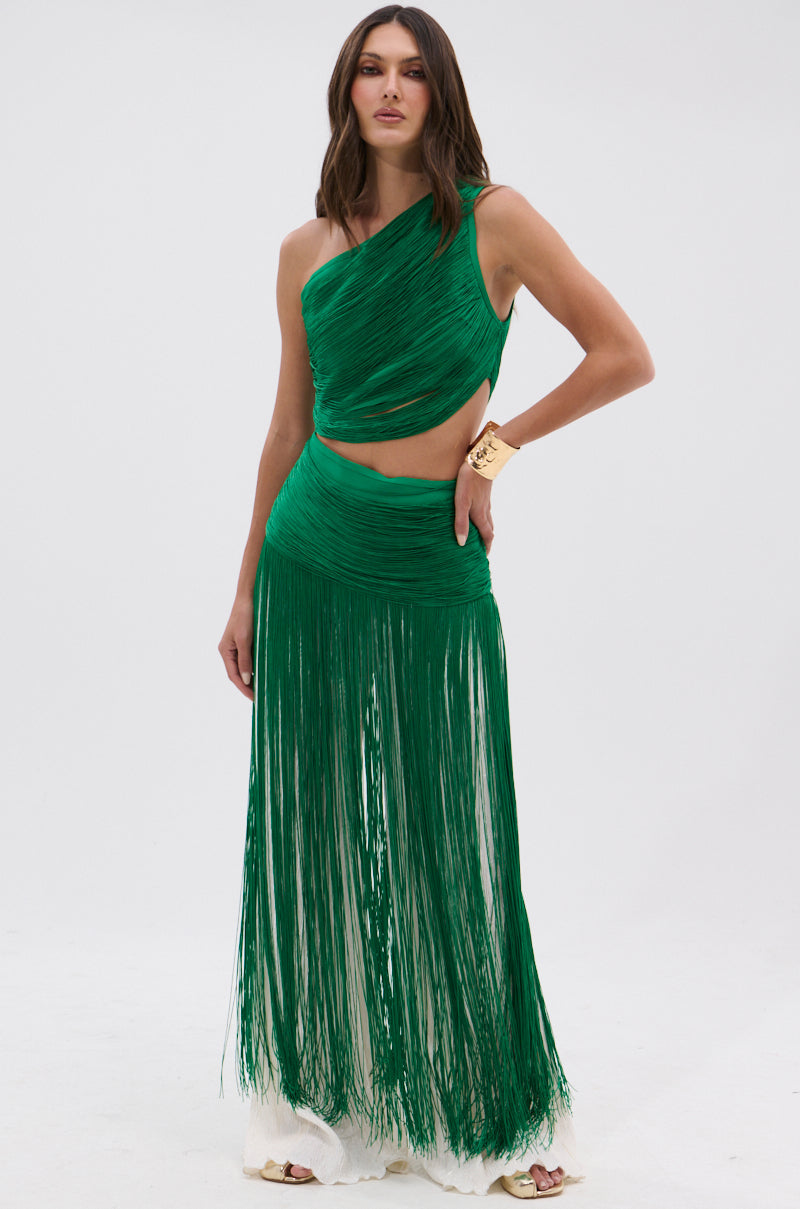 GINA SINGLE SHOULDER FRINGE TOP IN KELLY GREEN