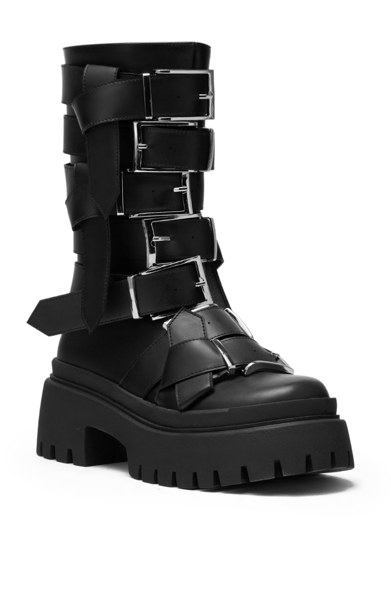 AZALEA WANG ALCETASA BLACK COMBAT BOOTIE WITH BUCKLE DETAIL
