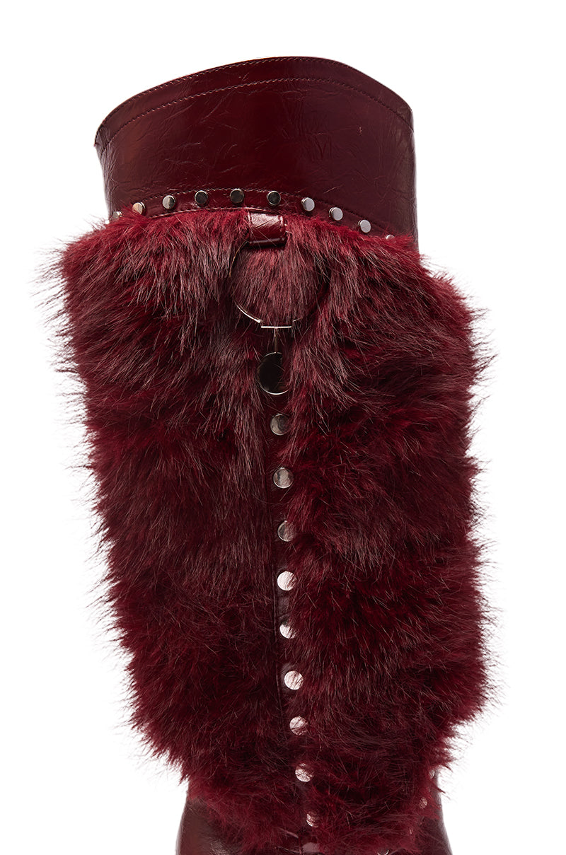 AZALEA WANG ALISETTE BURGUNDY MIXED MATERIAL FUR AND SNAKE STILETTO BOOT