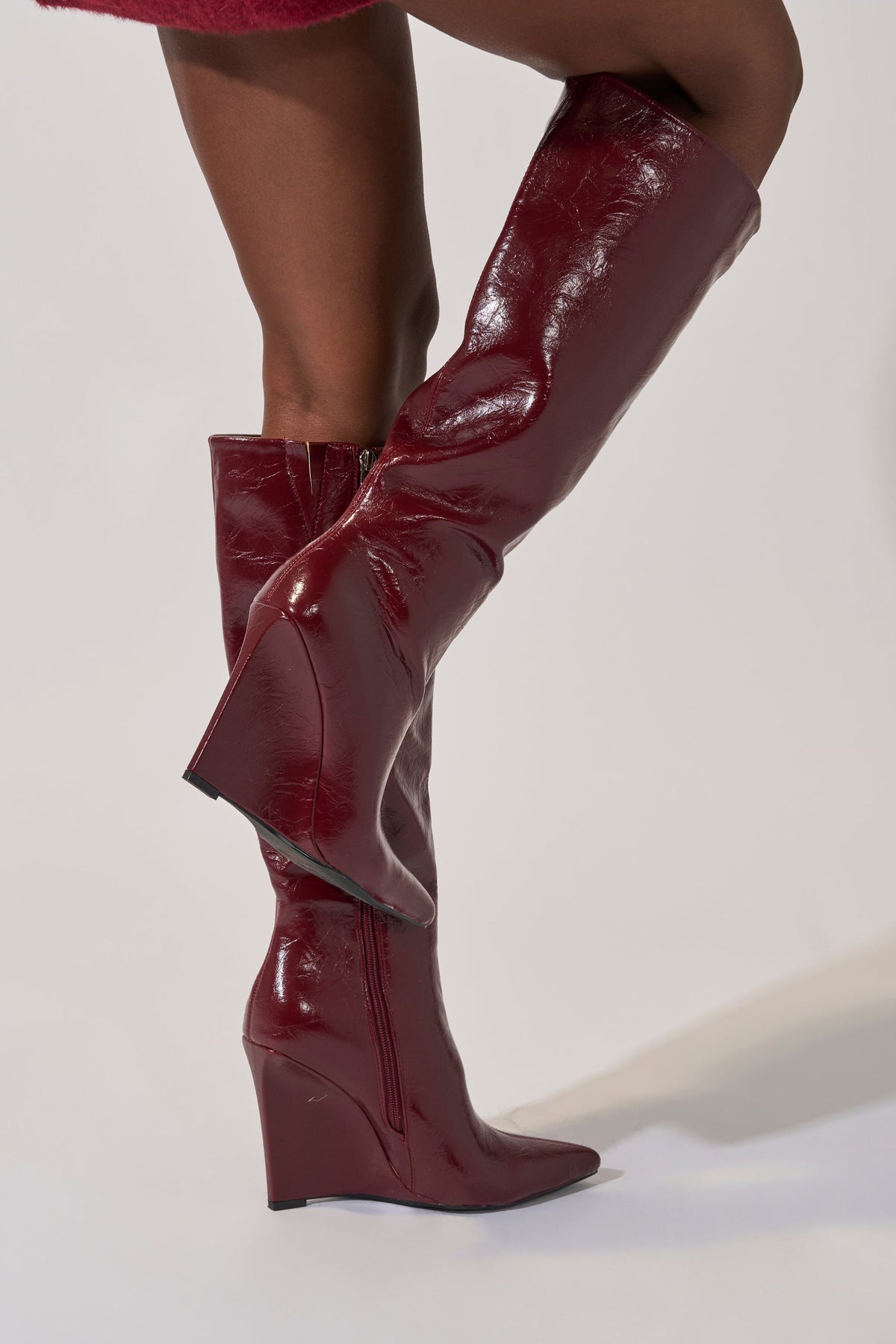 AZALEA WANG AMAADIS BURGUNDY WEDGE KNEE HIGH BOOT