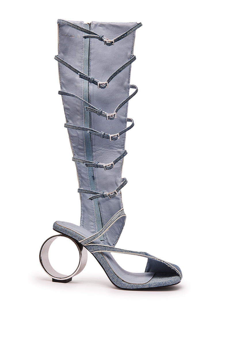AZALEA WANG ANDREE DENIM GLADIATOR SANDAL WITH CIRCLE HEEL