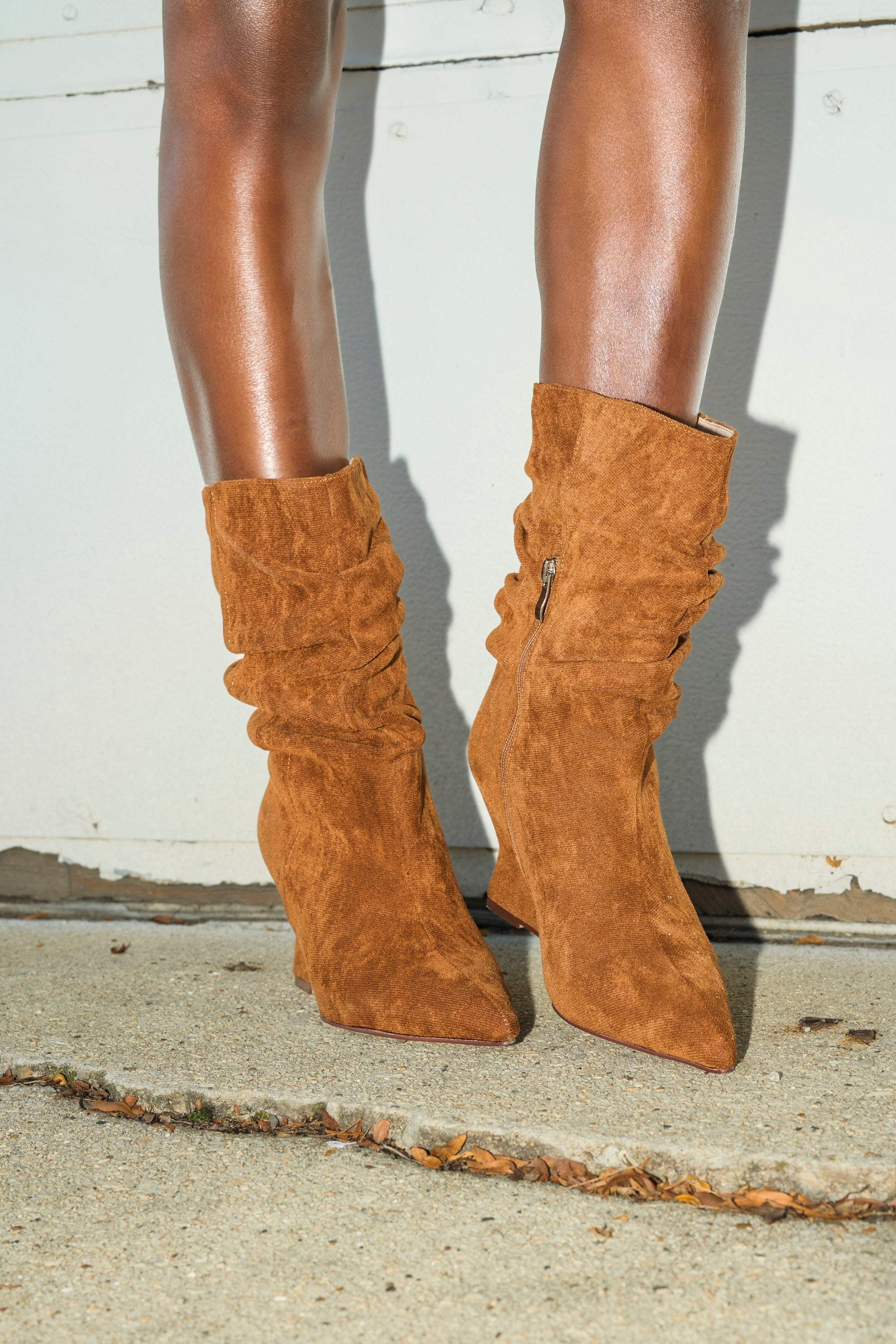 AZALEA WANG ASAF RUCHED WEDGE BOOTIE IN TAN