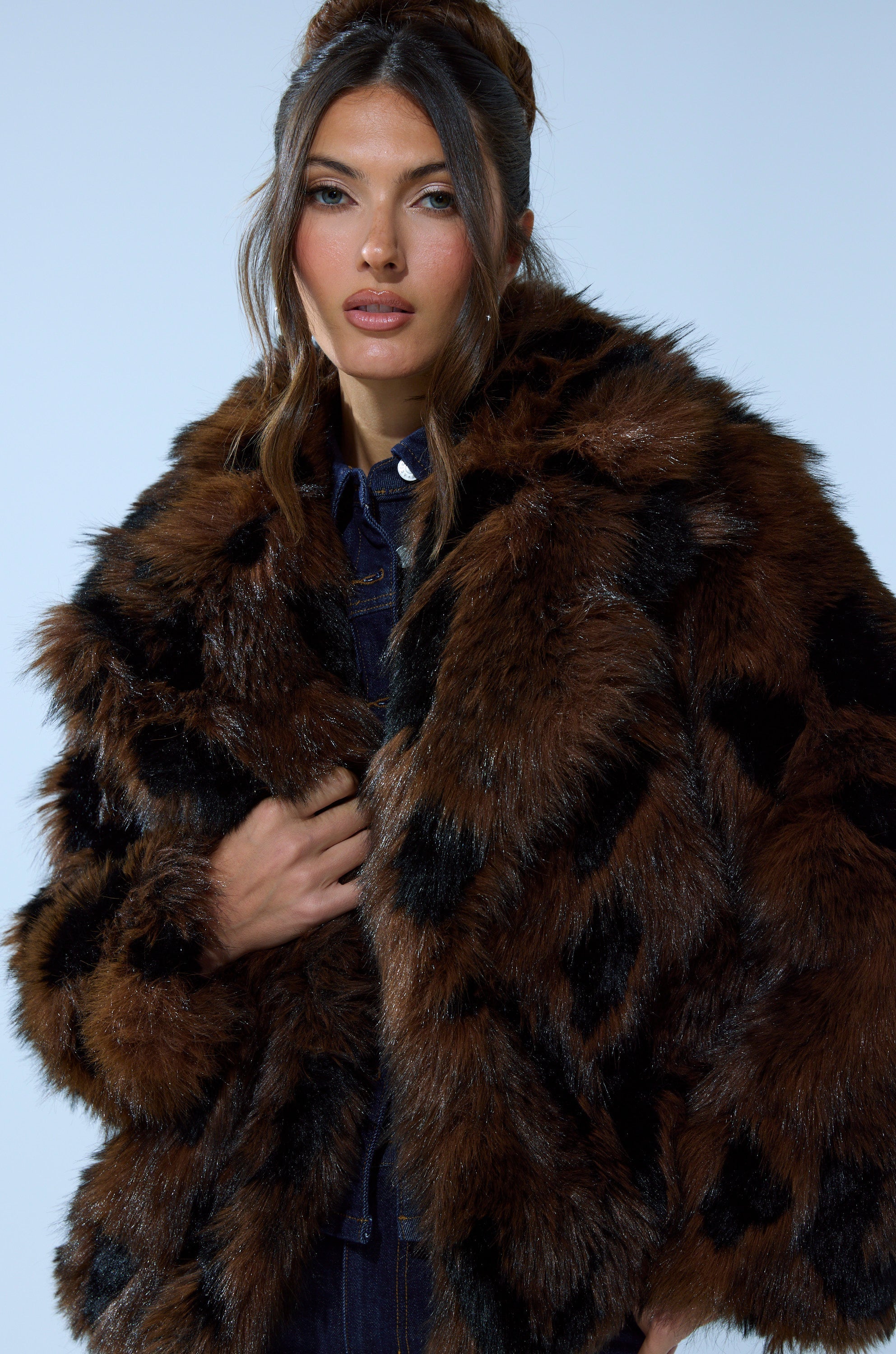 SHORTIE FUR COAT IN BROWN MULTI