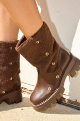 AZALEA WANG BEHATI BROWN SHERPA BOOTIE WITH SNAP DETAIL