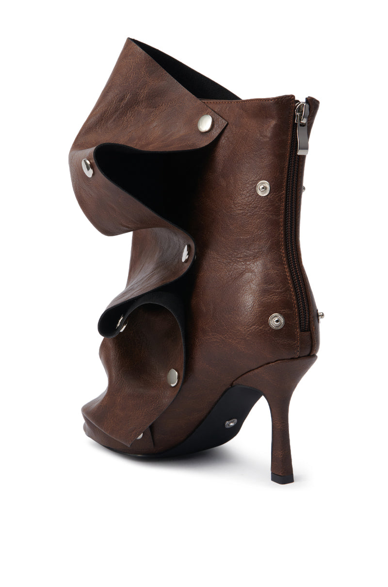AZALEA WANG BIRD SONG BROWN SNAP DETAIL OPEN TOE BOOTIE