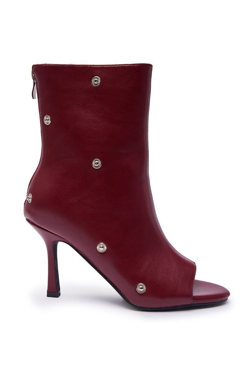 AZALEA WANG BIRDSONG BURGUNDY SNAP OPEN TOE STILETTO BOOTIE