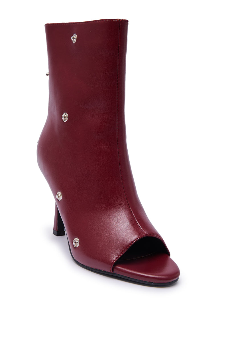 AZALEA WANG BIRDSONG BURGUNDY SNAP OPEN TOE STILETTO BOOTIE