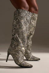 AZALEA WANG BRIELEY GOLD AND BLACK FLORAL BROCADE KNEE HIGH BOOT