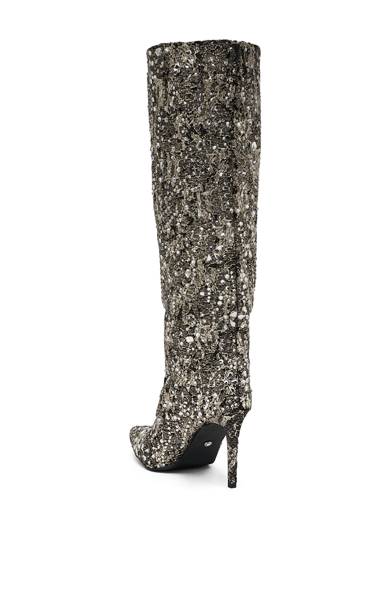 AZALEA WANG BRIELEY GOLD AND BLACK FLORAL BROCADE KNEE HIGH BOOT