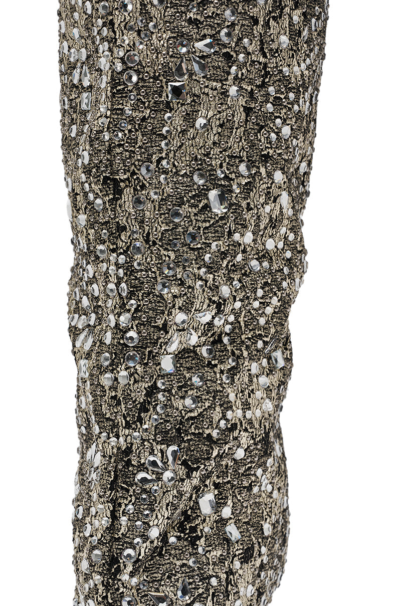 AZALEA WANG BRIELEY GOLD AND BLACK FLORAL BROCADE KNEE HIGH BOOT