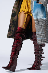 AZALEA WANG CINZIA RED WEDGE BOOT WITH BUCKLE DETAIL