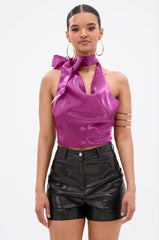 SUNSHINE COWL NECK SATIN BLOUSE IN PURPLE