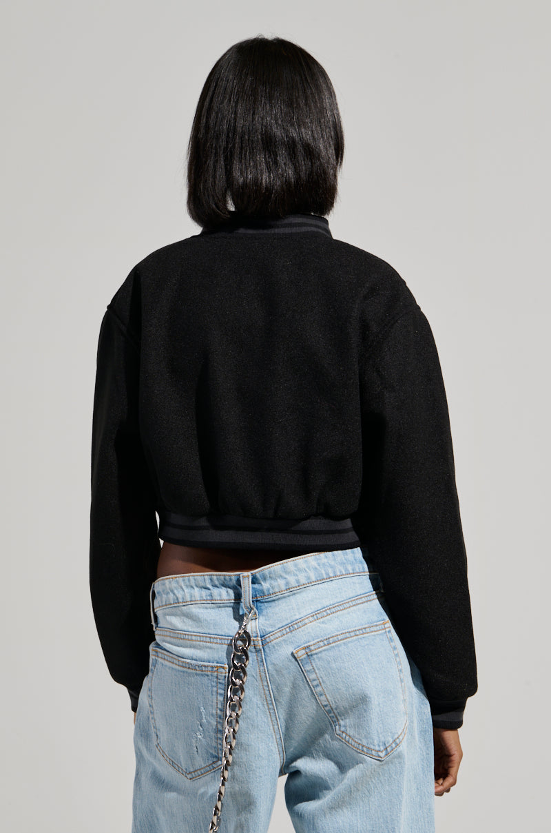 DAVIS EVERYDAY CROPPED VARSITY BOMBER IN BLACK