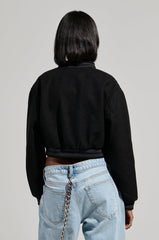 DAVIS EVERYDAY CROPPED VARSITY BOMBER IN BLACK
