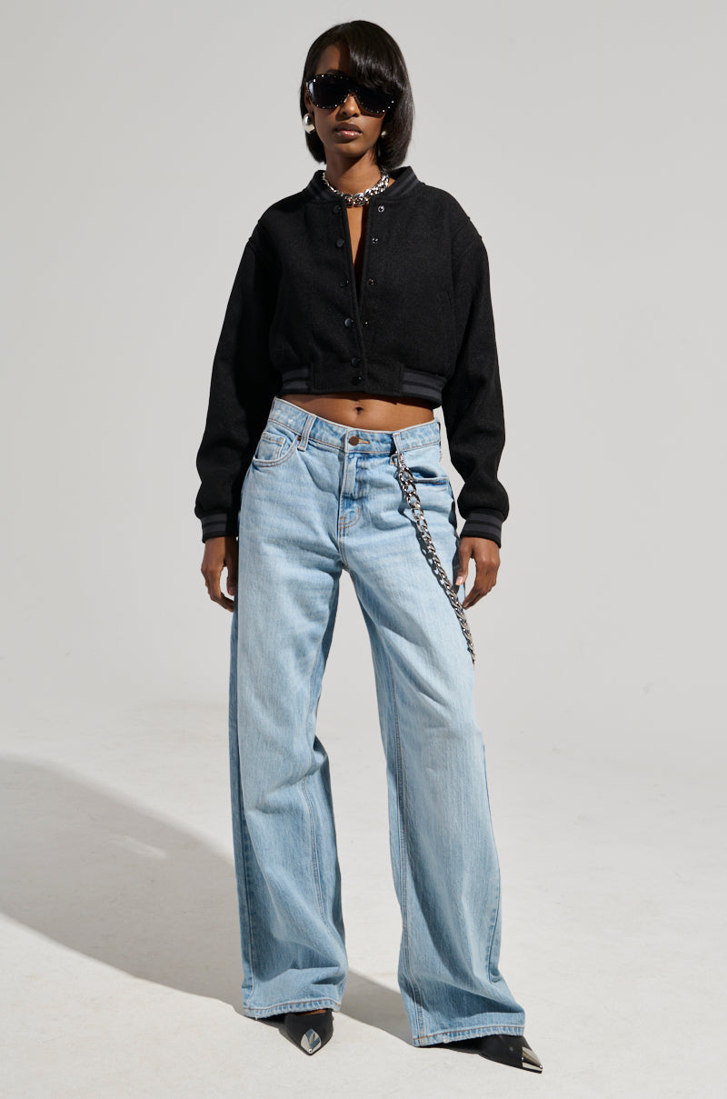 DAVIS EVERYDAY CROPPED VARSITY BOMBER IN BLACK