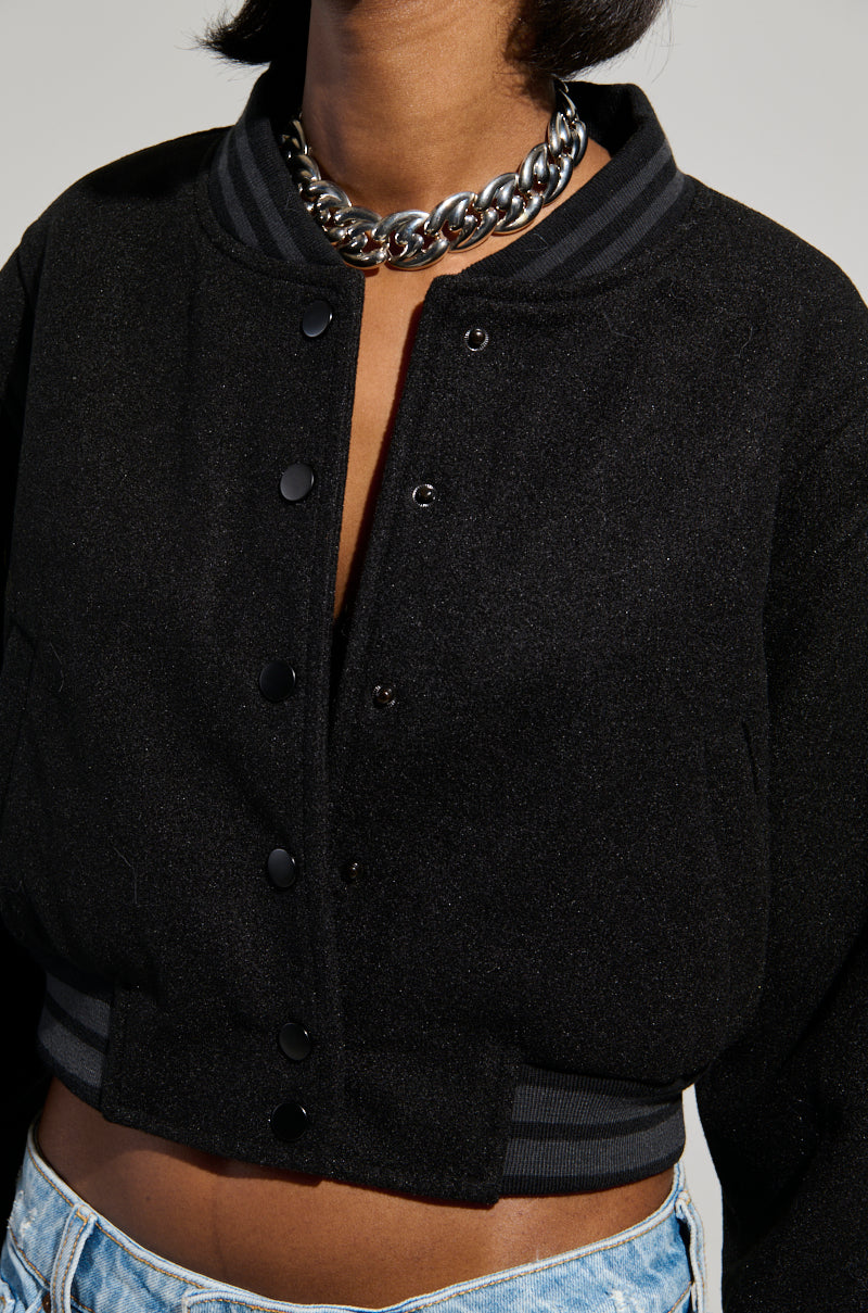 DAVIS EVERYDAY CROPPED VARSITY BOMBER IN BLACK