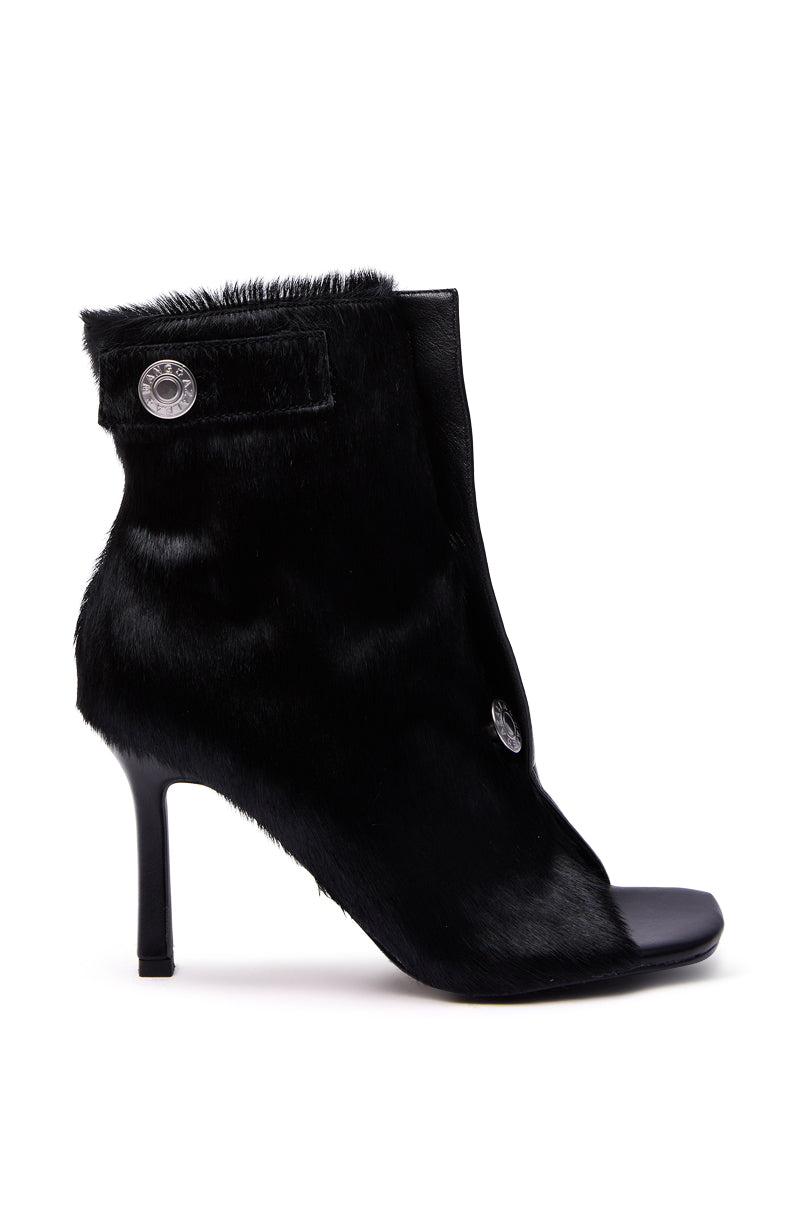 AZALEA WANG DORTHANDRA BLACK PONY HAIR PANELED OPEN TOE BOOTIE
