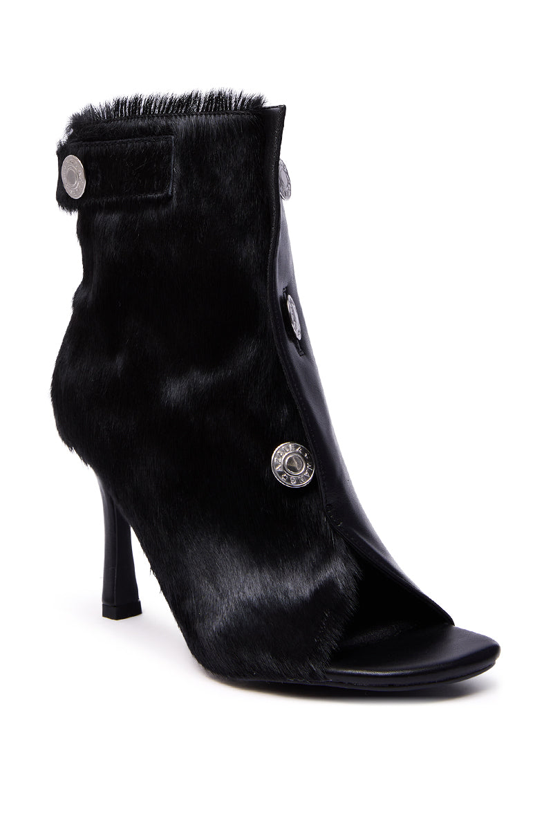 AZALEA WANG DORTHANDRA BLACK PONY HAIR PANELED OPEN TOE BOOTIE