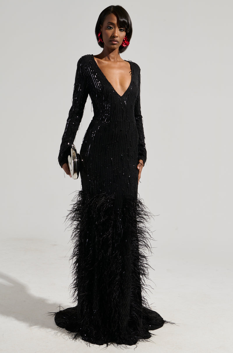 YOURS TRULY FEATHER SEQUIN EMBELLISHED MAXI DRESS