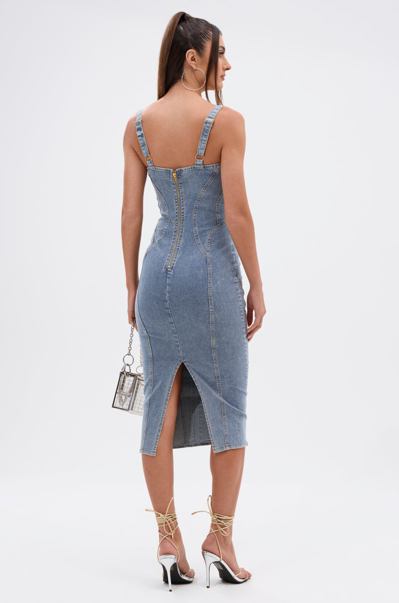 AMRATA DENIM MIDI DRESS WITH GOLD BUTTONS