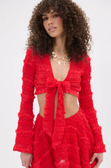 GIMME MORE TIE FRONT SLINKY BLOUSE IN RED