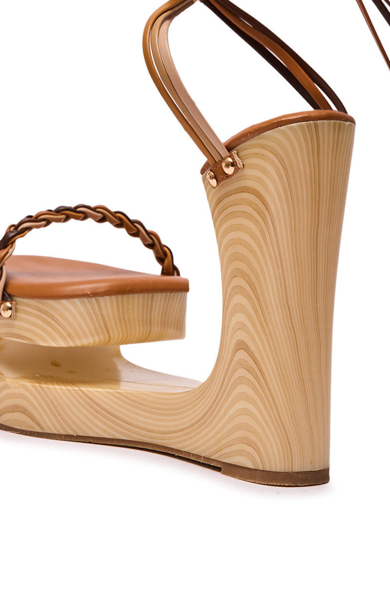 AZALEA WANG FANTASA BROWN HALLOW PLATFORM WEDGE STRAPPY SANDAL