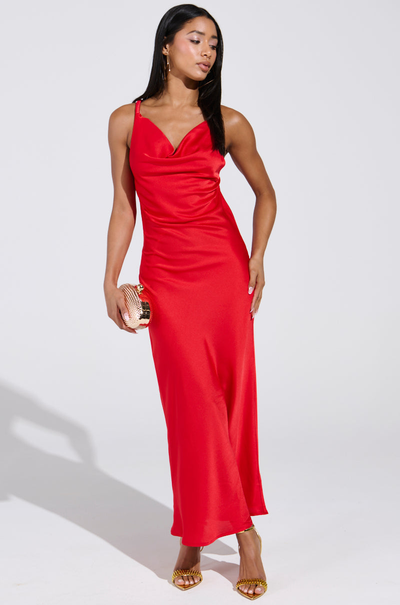 BELLA SATIN MAXI DRESS IN RED