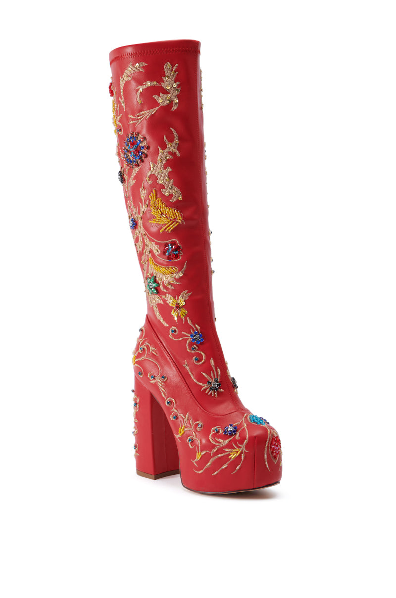 AZALEA WANG FLIPPER RED PU WITH EMBELLISHMENTS CHUNKY BOOT