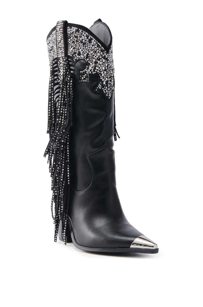 AZALEA WANG FULLER BLACK RHINESTONE EMBELLISHED COWBOY BOOT