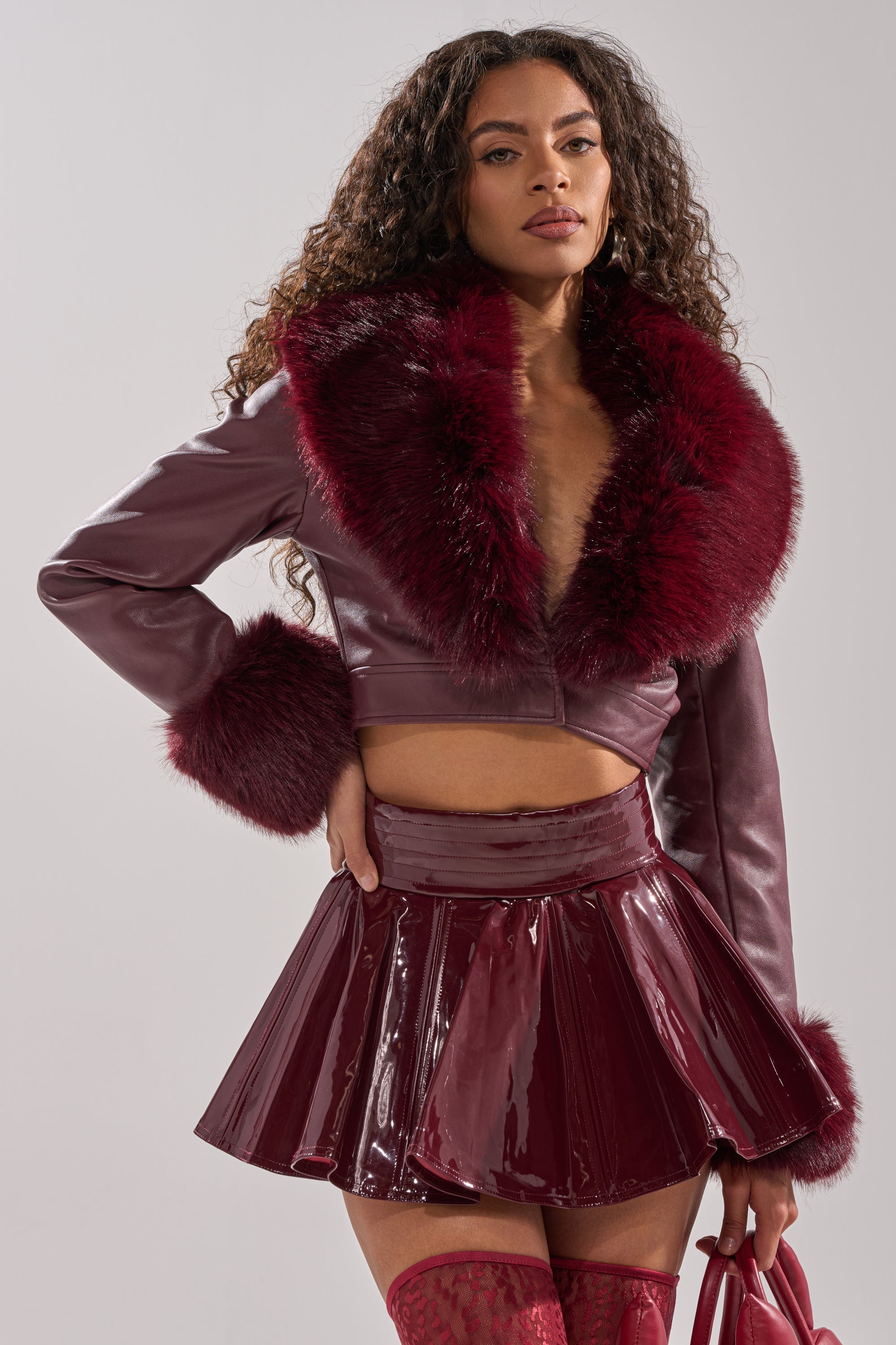 GISELE FUR TRIM MOTO IN BURGUNDY