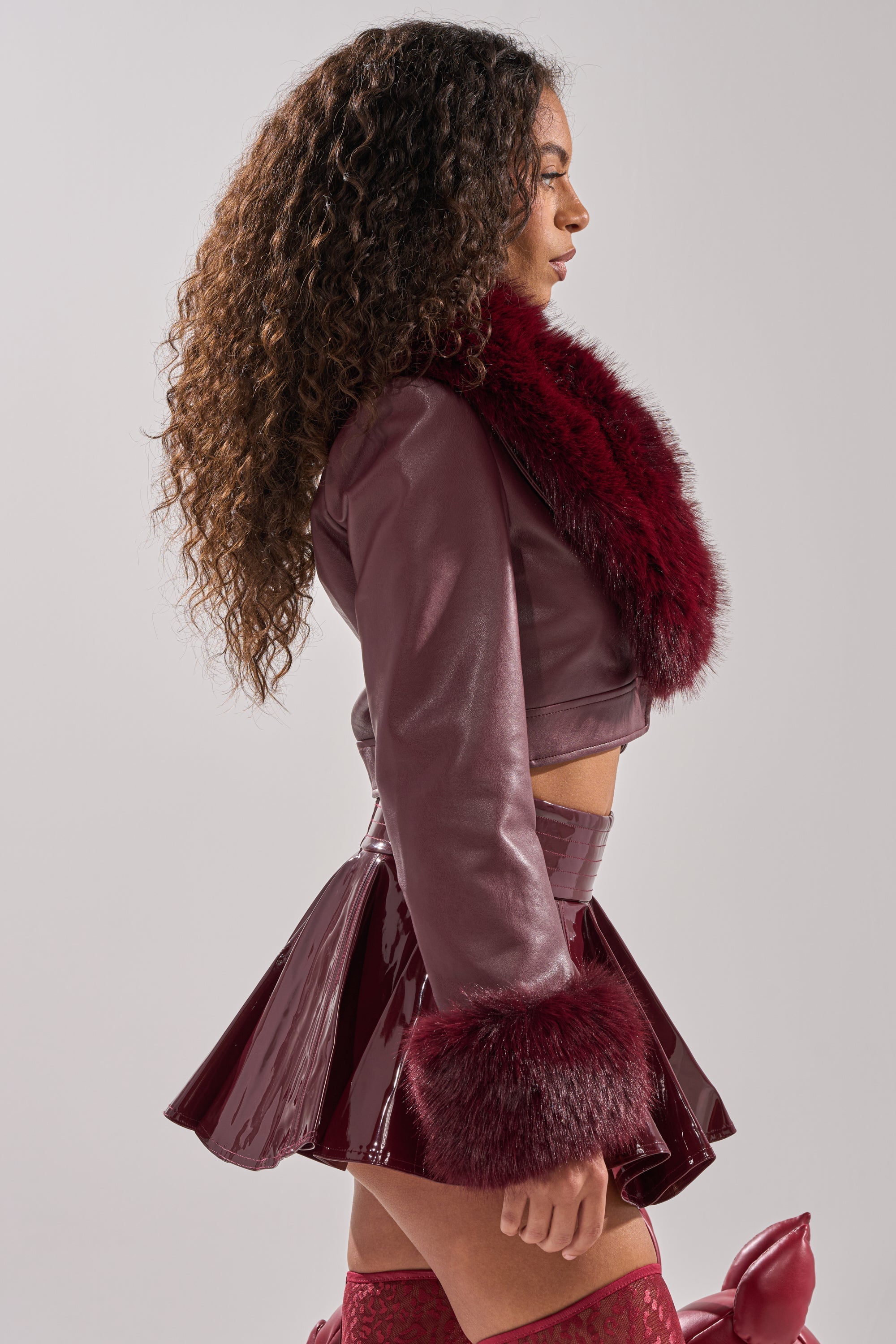 GISELE FUR TRIM MOTO IN BURGUNDY