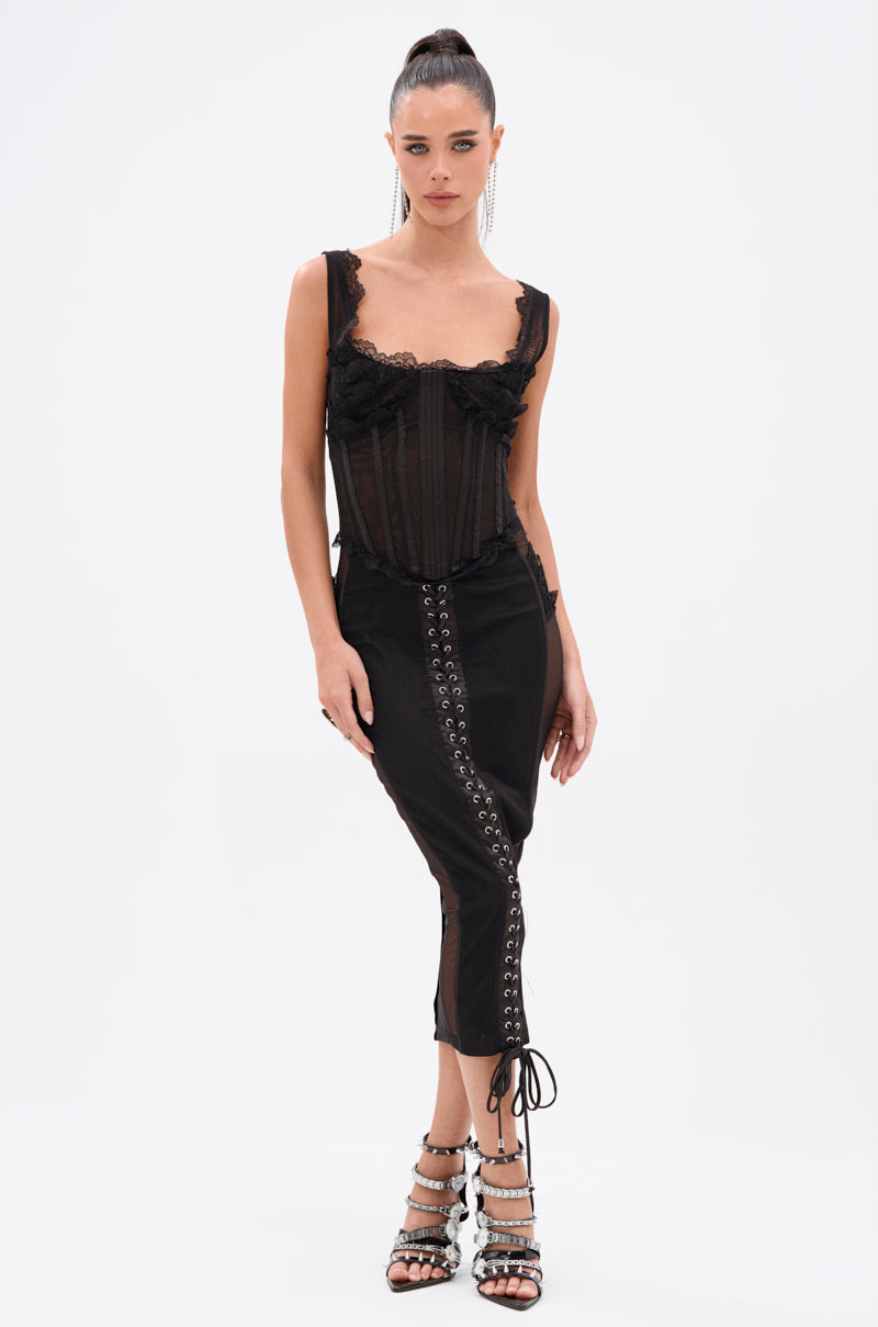 LET ME REMIND YOU LACE UP MESH MIDI DRESS