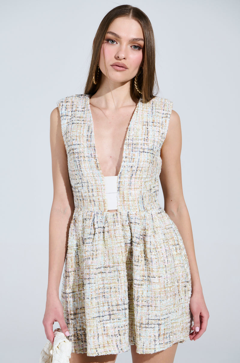 JUST A GIRL TWEED MINI DRESS IN WHITE