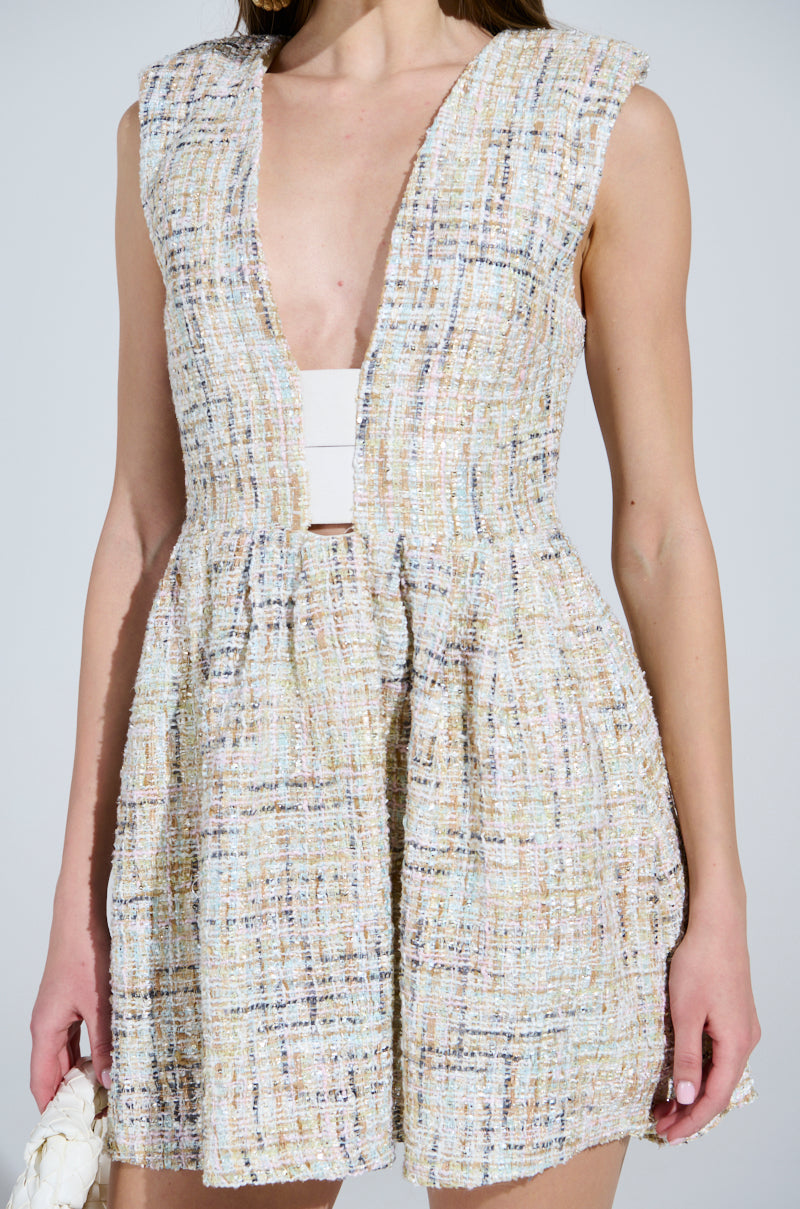 JUST A GIRL TWEED MINI DRESS IN WHITE