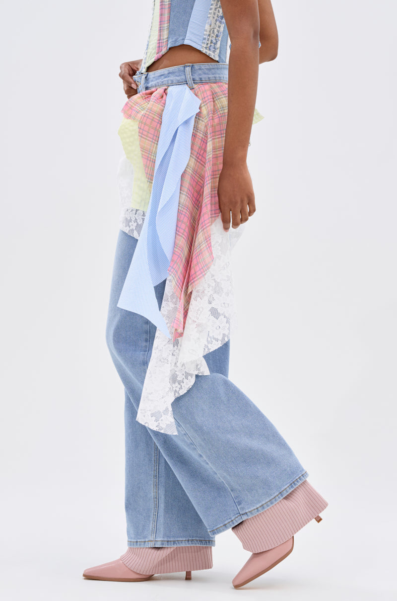 LET THE FUN BEGIN DENIM PANT WITH PLAID DETAILS