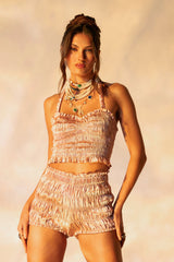 BABY DOLL RUCHED SATIN HALTER TOP