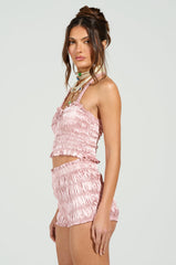 BABY DOLL RUCHED SATIN HALTER TOP