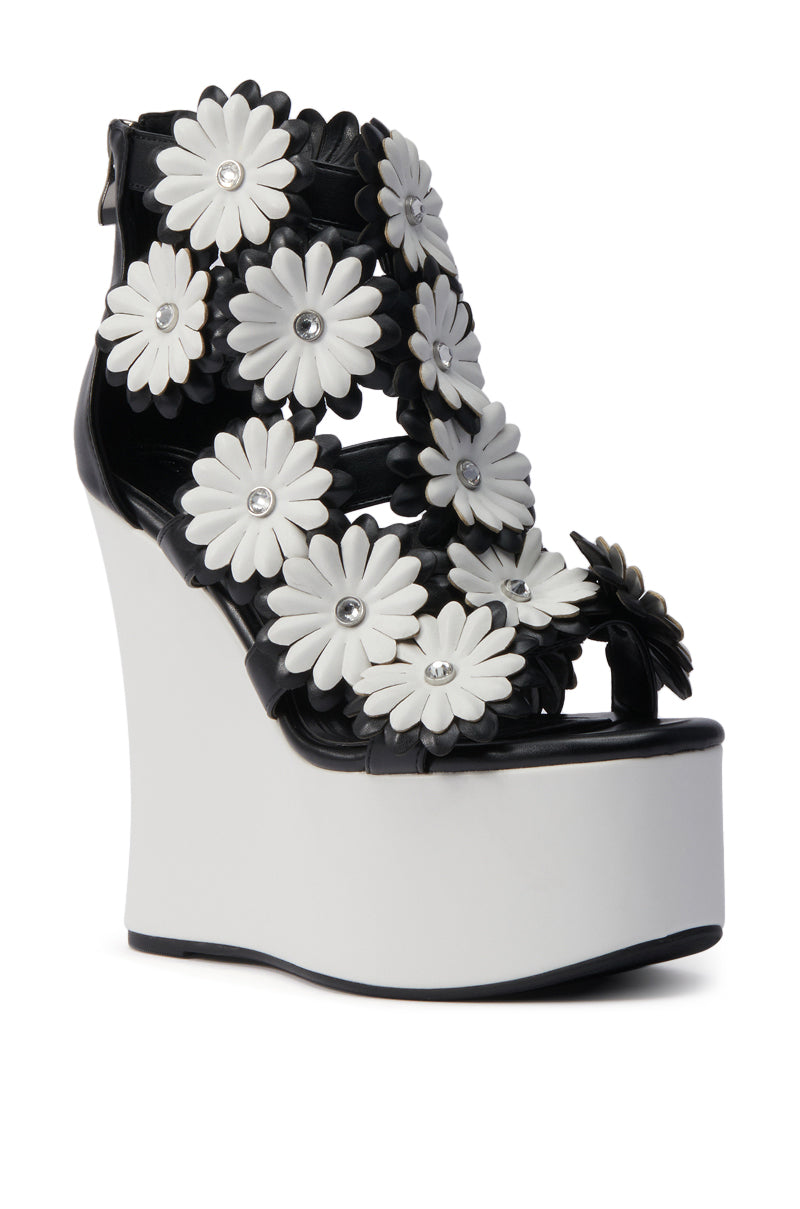 AZALEA WANG FLOWER EMBELLISHED WEDGE SANDAL IN BLACK