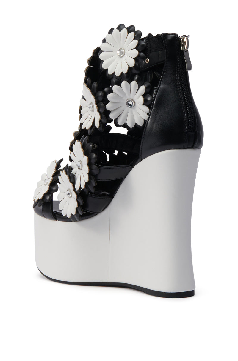 AZALEA WANG FLOWER EMBELLISHED WEDGE SANDAL IN BLACK