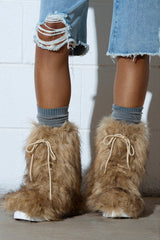 AZALEA WANG HAYES BROWN FUR LACE UP FLAT BOOTIE