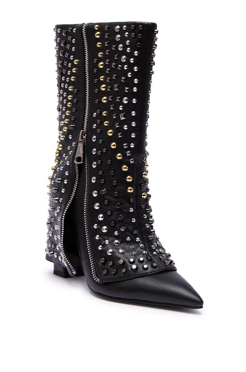 AZALEA WANG HENZI BLACK HARDWARE EMBELLISHED CHUNKY FOLD OVER BOOTIE