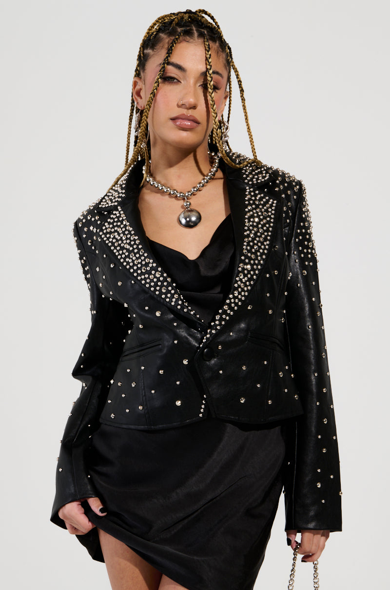 VIVA VEGAS STUDDED FAUX LEATHER BLAZER
