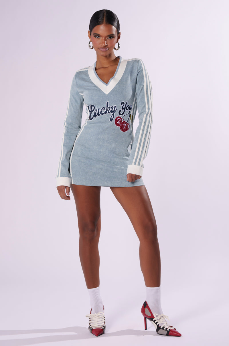 WITH A CHERRY ON TOP DENIM MINI DRESS