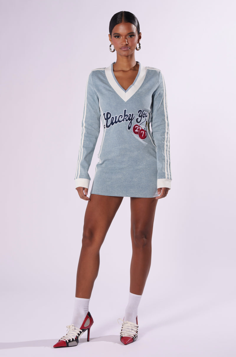 WITH A CHERRY ON TOP DENIM MINI DRESS