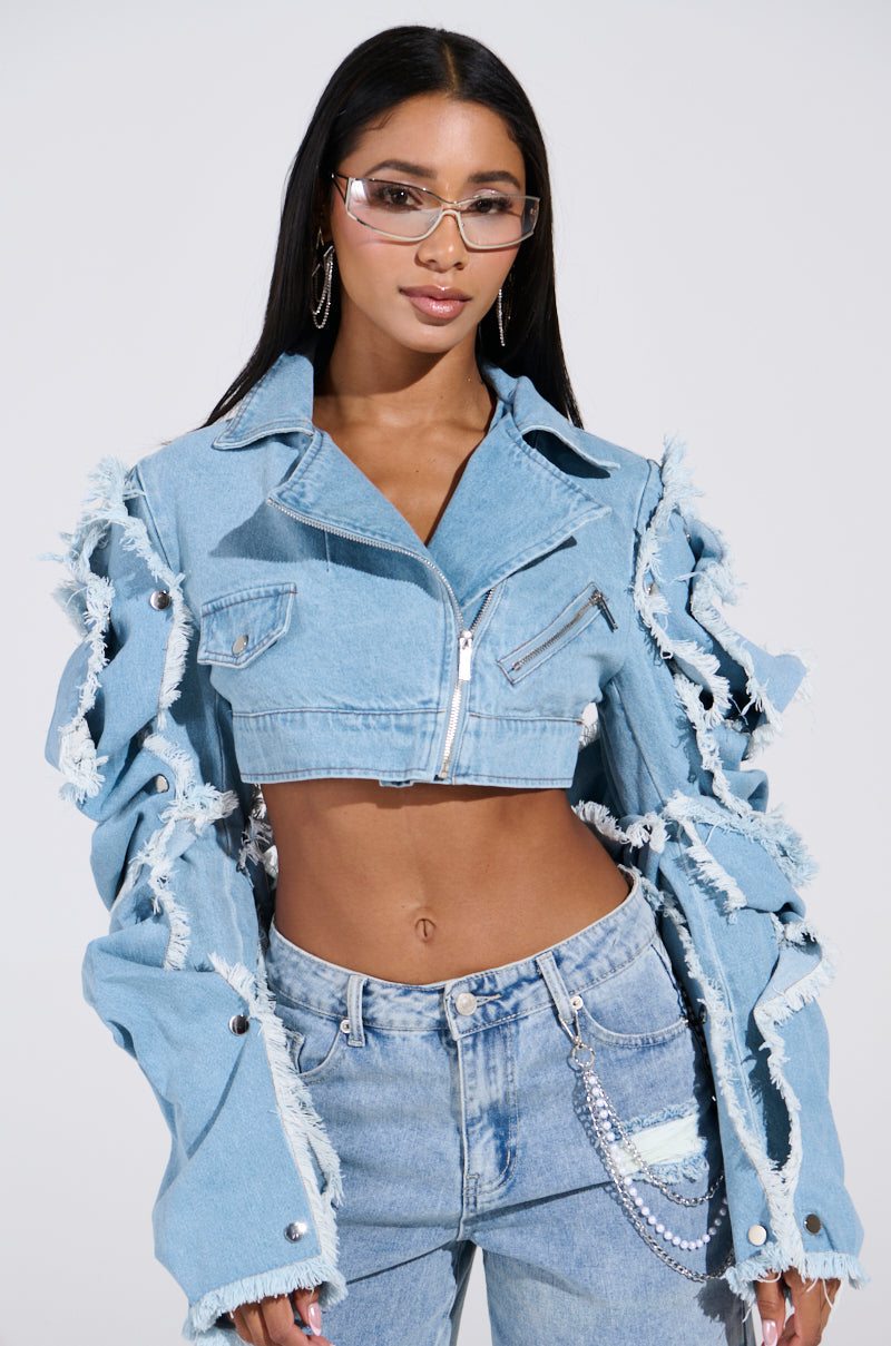 SNAP OUT OF IT ULTRA CROP MOTO IN DENIM