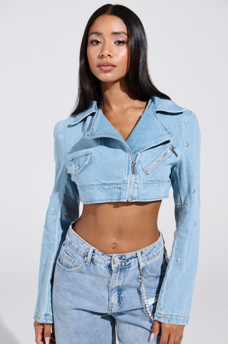 SNAP OUT OF IT ULTRA CROP MOTO IN DENIM