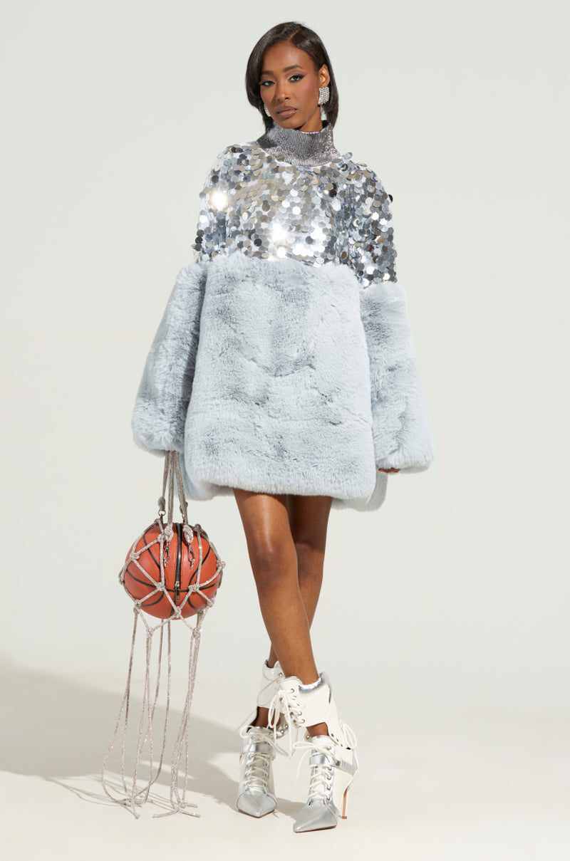 CRESSIDA SEQUIN FAUX FUR MINI DRESS